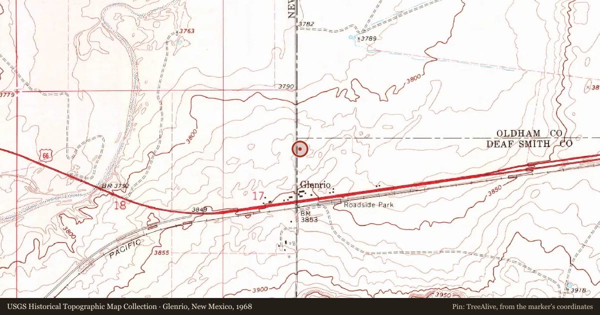 Glenrio, New Mexico, 1968, covering the location of Llano Estacado (9), with a pin at the marker's coordinates