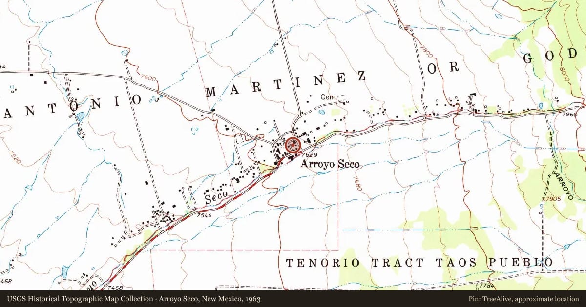 Arroyo Seco, New Mexico, 1963, covering the location of Arroyo Seco, with a pin at the marker's coordinates