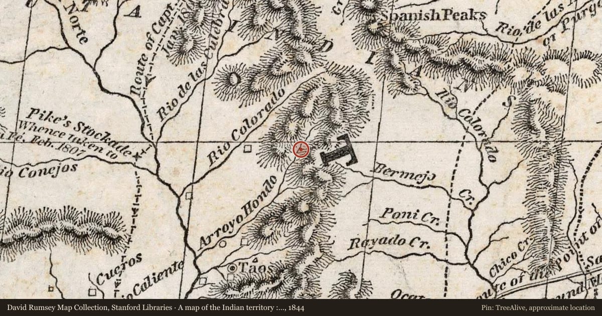 A map of the Indian territory : Northern Texas and New Mexico, 1844, covering the location of Amalia, with a pin at the marker's coordinates