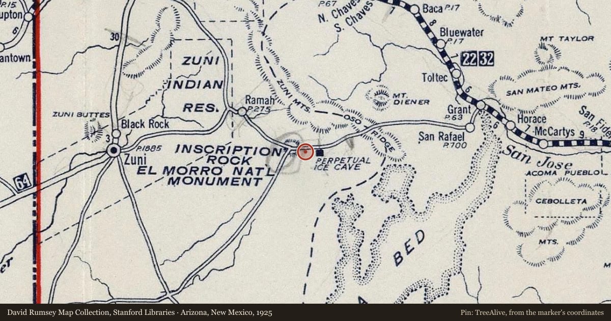 Arizona, New Mexico, 1925, covering the location of El Morro National Monument Inscription Rock, with a pin at the marker's coordinates