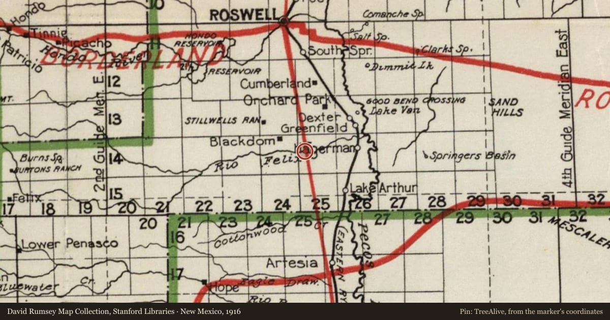 New Mexico, 1916, covering the location of Blackdom Townsite, with a pin at the marker's coordinates