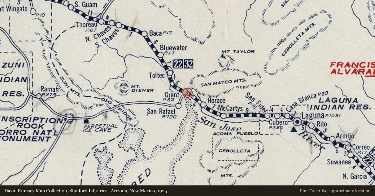 Arizona, New Mexico, 1925, covering the location of Mount Taylor, with a pin at the marker's coordinates