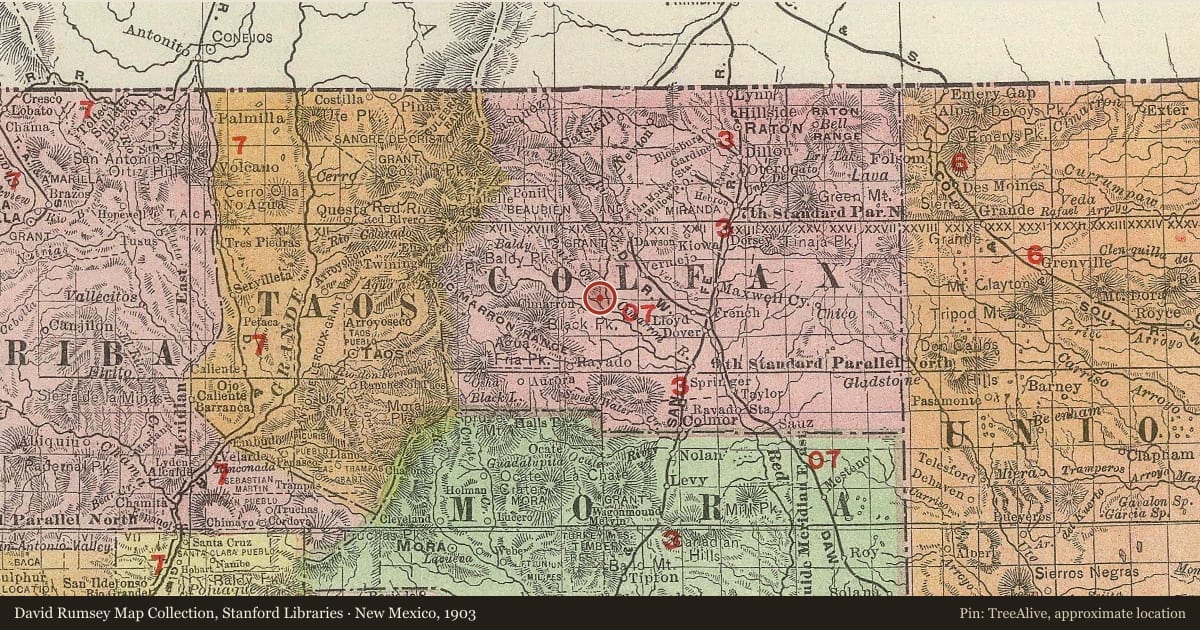 New Mexico, 1903, covering the location of Dawson and Dawson Cemetery, with a pin at the marker's coordinates