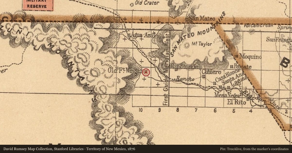 Territory of New Mexico, 1876, covering the location of Grants, with a pin at the marker's coordinates