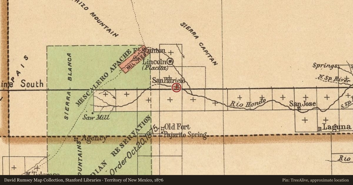 Territory of New Mexico, 1876, covering the location of Lincoln County Regulators, The, with a pin at the marker's coordinates
