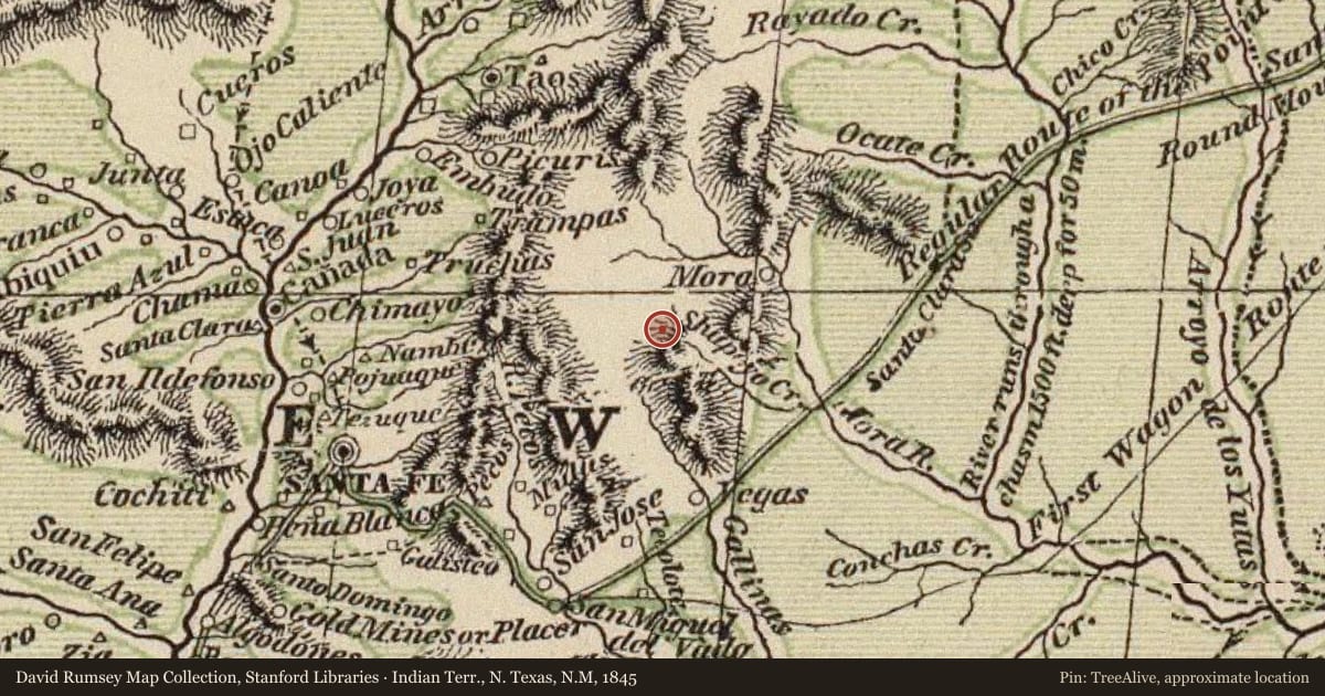 Indian Terr., N. Texas, N.M, 1845, covering the location of Mora Valley (3), with a pin at the marker's coordinates