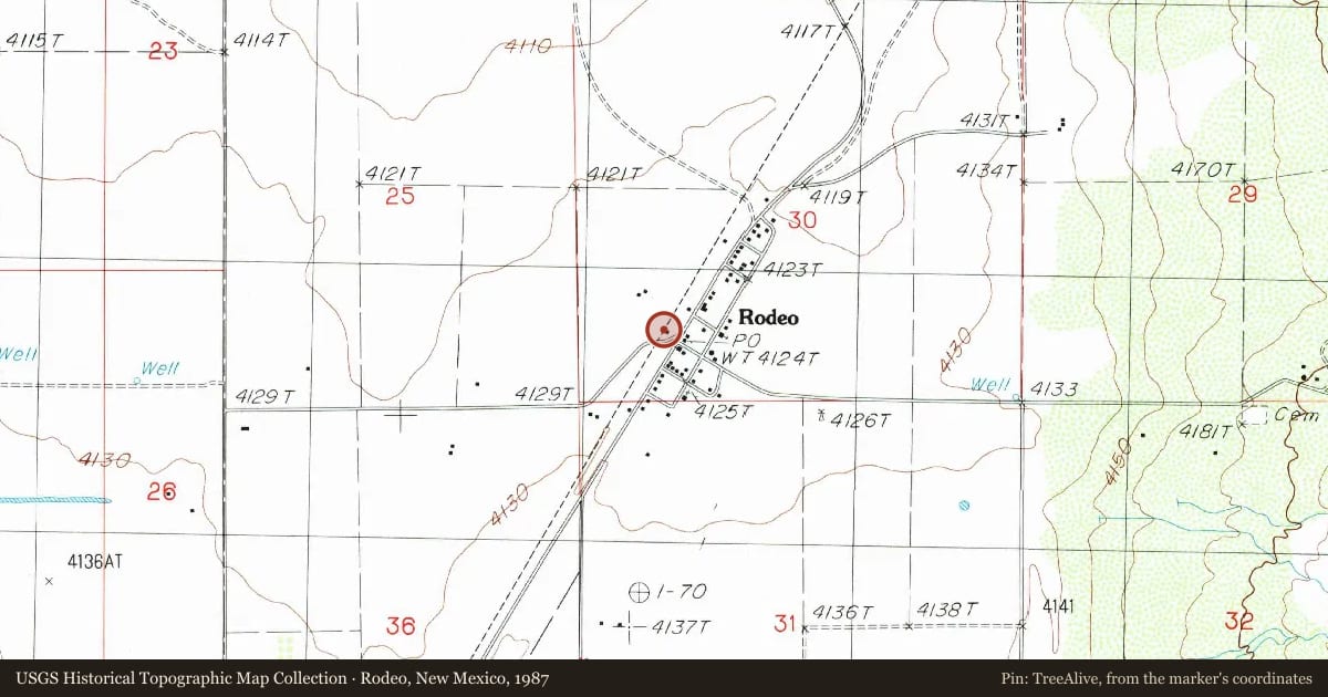 Rodeo, New Mexico, 1987, covering the location of Rodeo Station, with a pin at the marker's coordinates