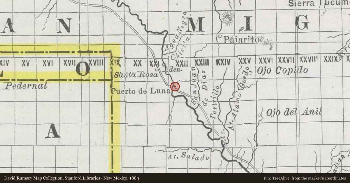 New Mexico, 1889, covering the location of Puerto de Luna, with a pin at the marker's coordinates