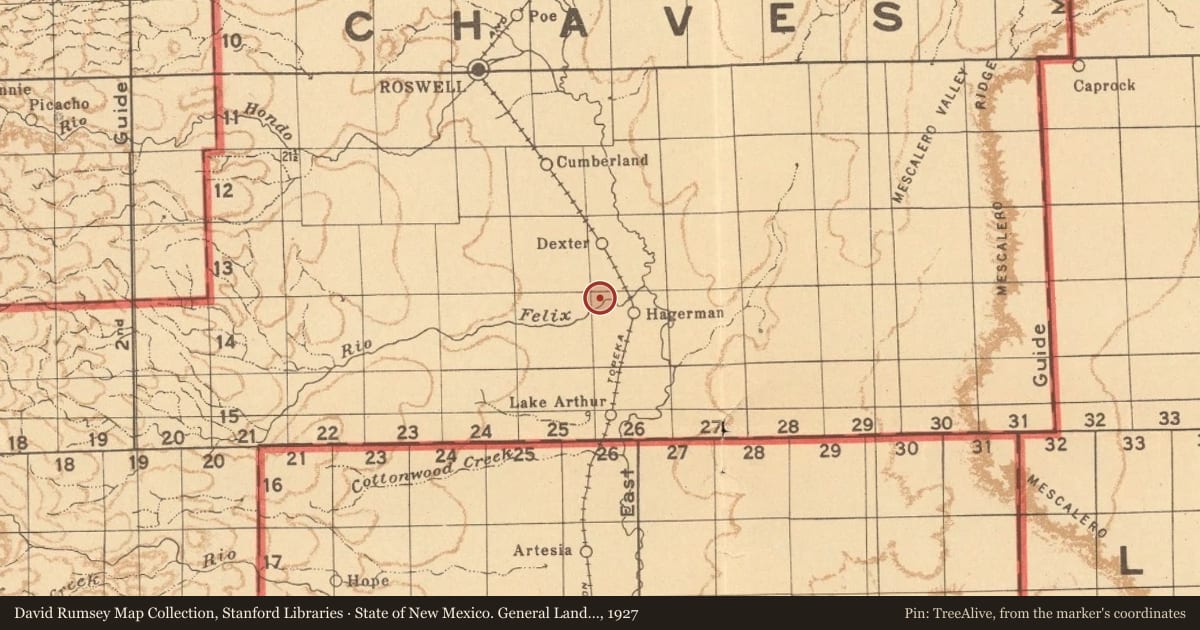 State of New Mexico. General Land Office, 1927, covering the location of Rio Felix Bridge, with a pin at the marker's coordinates
