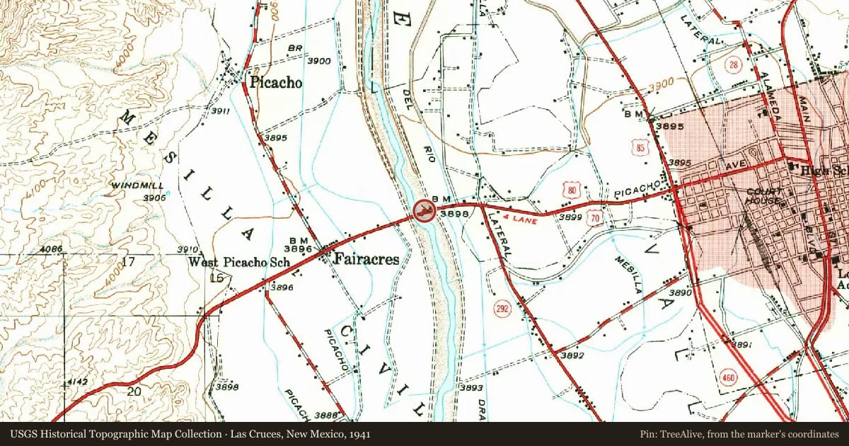 Las Cruces, New Mexico, 1941, covering the location of Rio Grande, with a pin at the marker's coordinates