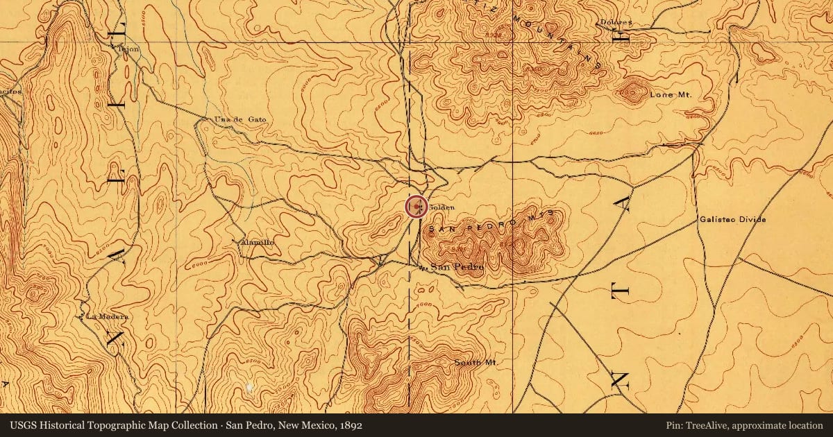 San Pedro, New Mexico, 1892, covering the location of Golden, with a pin at the marker's coordinates