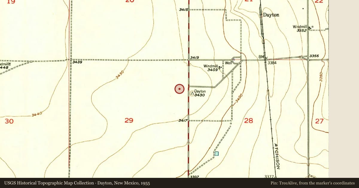 Dayton, New Mexico, 1955, covering the location of Seven Rivers Cemetery, with a pin at the marker's coordinates