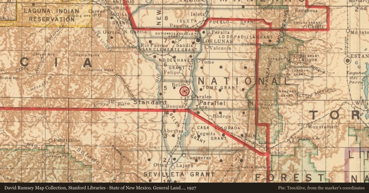 State of New Mexico. General Land Office, 1927, covering the location of Camino Del Llano, with a pin at the marker's coordinates