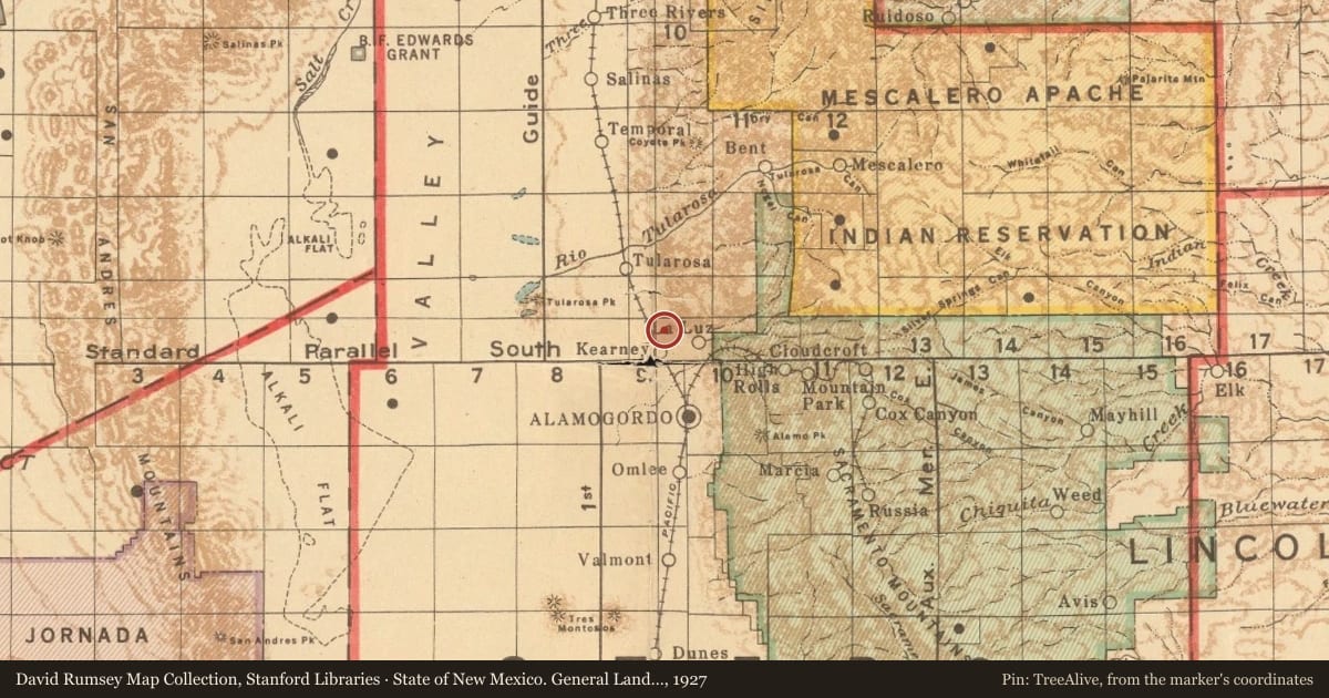 State of New Mexico. General Land Office, 1927, covering the location of La Luz, with a pin at the marker's coordinates