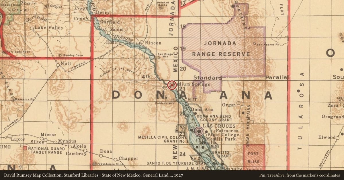 State of New Mexico. General Land Office, 1927, covering the location of Rio Grande Bridge at Radium Springs, with a pin at the marker's coordinates
