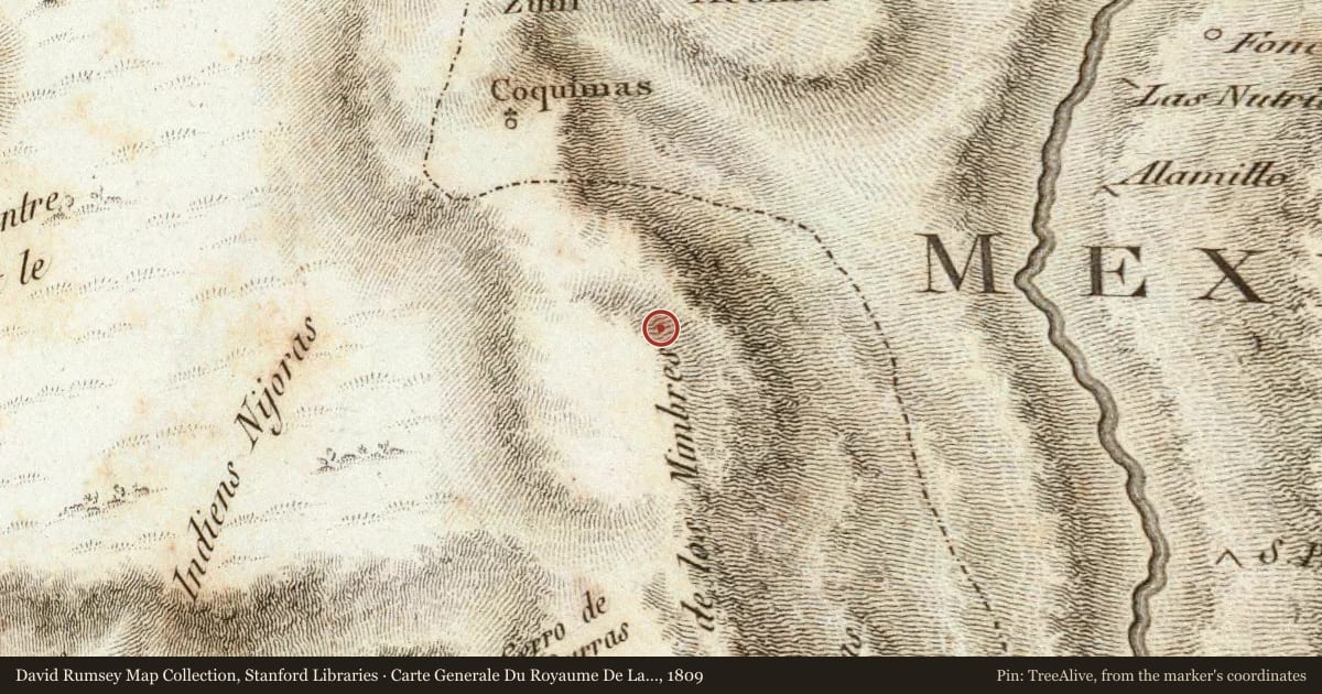 Carte Generale Du Royaume De La Nouvelle Espagne, 1809, covering the location of Quemado, with a pin at the marker's coordinates