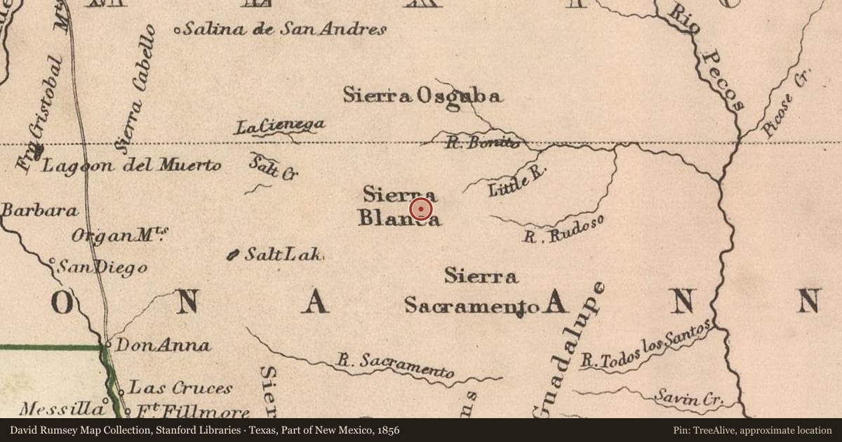 Texas, Part of New Mexico, 1856, covering the location of Apache Battleground, with a pin at the marker's coordinates