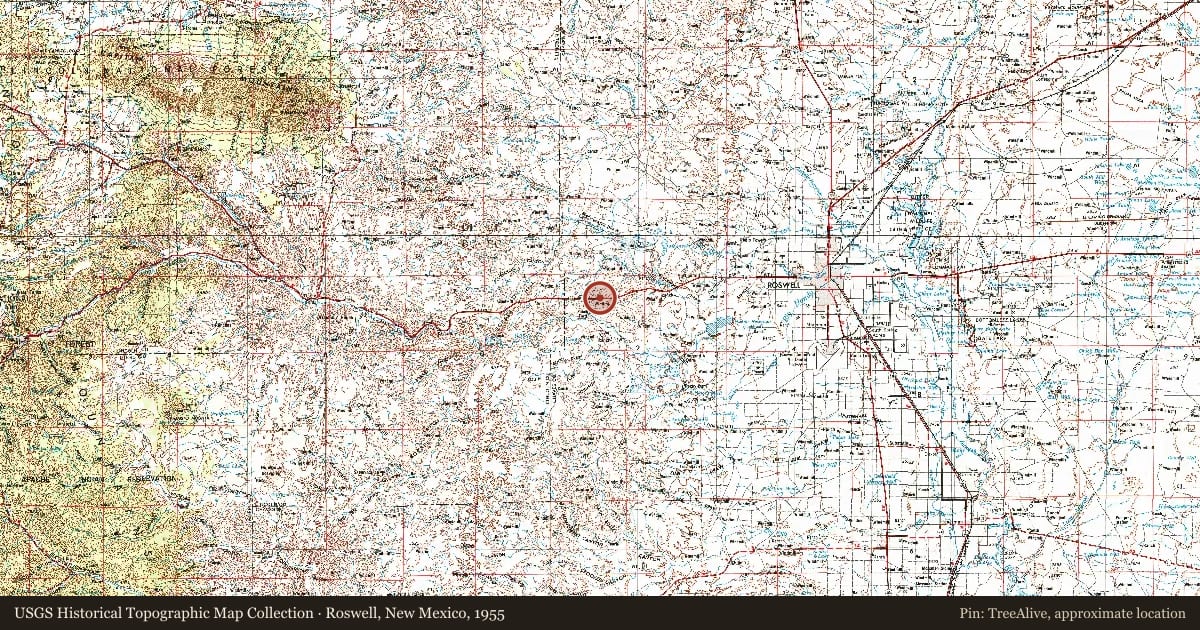 Roswell, New Mexico, 1955, covering the location of Atlas Missile Silos, with a pin at the marker's coordinates