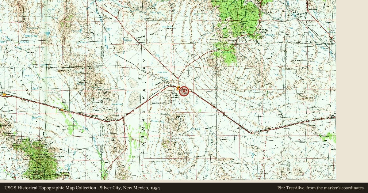 Silver City, New Mexico, 1954, covering the location of Camp Lordsburg, with a pin at the marker's coordinates