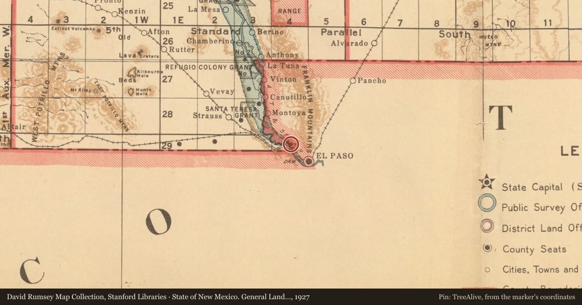 State of New Mexico. General Land Office, 1927, covering the location of El Paso Del Rio Del Norte, with a pin at the marker's coordinates