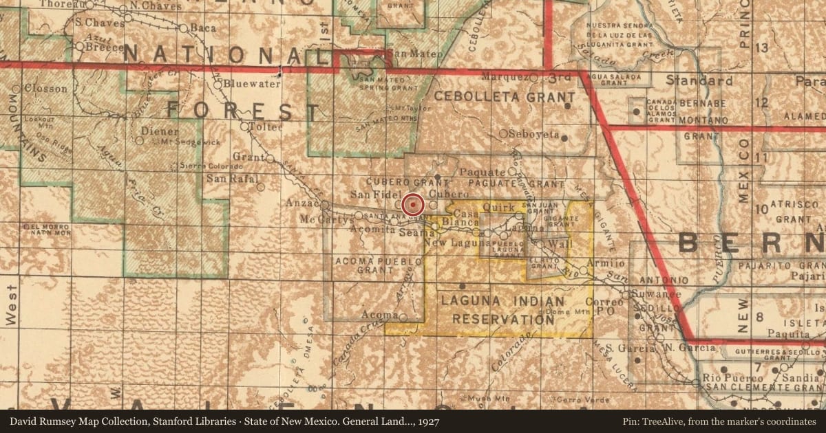 State of New Mexico. General Land Office, 1927, covering the location of Old Acoma “Sky City”, with a pin at the marker's coordinates