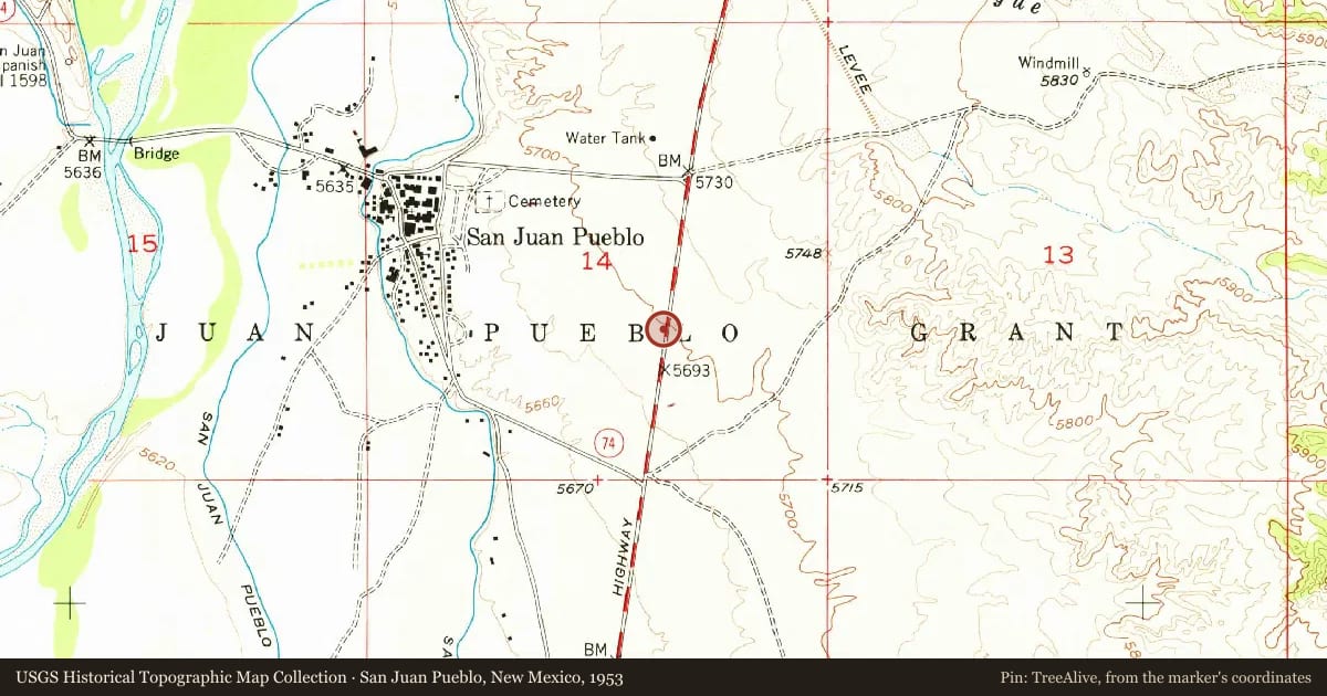 San Juan Pueblo, New Mexico, 1953, covering the location of Esther Martinez, P'oe Tsawa (1912–2006), Ohkay Owingeh, with a pin at the marker's coordinates