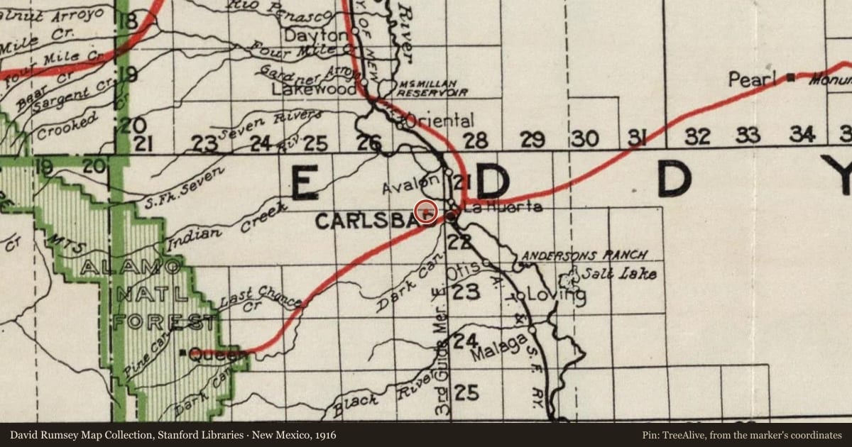 New Mexico, 1916, covering the location of Josephine Cox “Grandma” Anderson, "The Angel of the Pecos" (1849-1941), with a pin at the marker's coordinates
