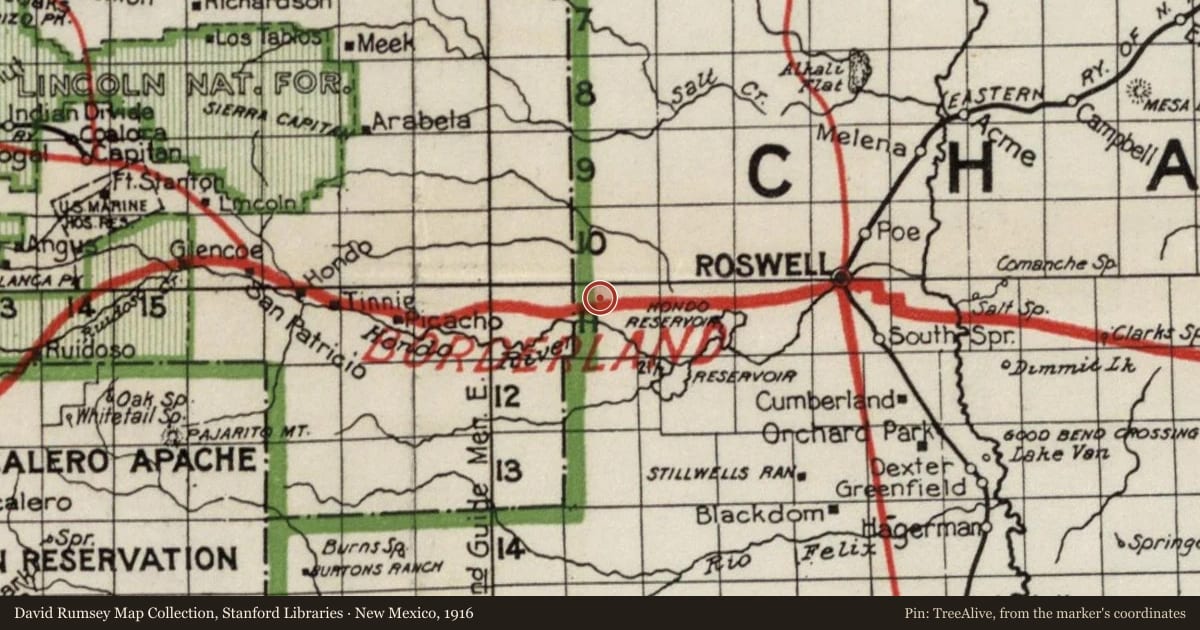 New Mexico, 1916, covering the location of Louise Massey Mabie (1902–1983), with a pin at the marker's coordinates