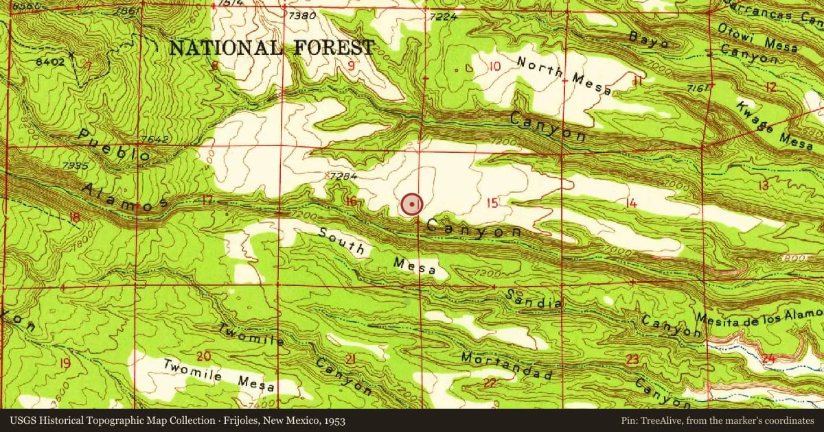 Frijoles, New Mexico, 1953, covering the location of Marjorie Bell Chambers and Peggy Pond Church (1903-1986), with a pin at the marker's coordinates