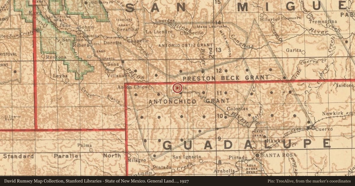 State of New Mexico. General Land Office, 1927, covering the location of Mela Leger, with a pin at the marker's coordinates
