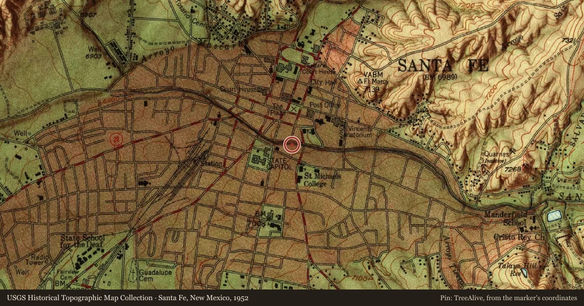 Santa Fe, New Mexico, 1952, covering the location of Mother Magdalen and the Sisters of Loretto, with a pin at the marker's coordinates
