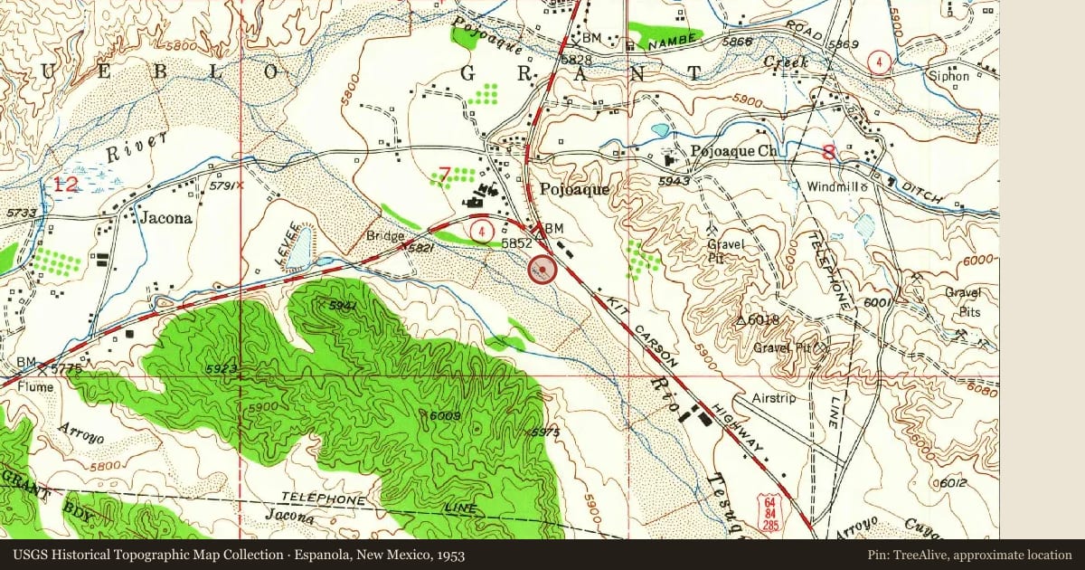 Espanola, New Mexico, 1953, covering the location of Pueblo of Pojoaque, with a pin at the marker's coordinates