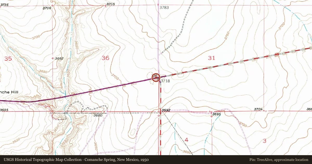 Comanche Spring, New Mexico, 1950, covering the location of Waldrop Park, with a pin at the marker's coordinates