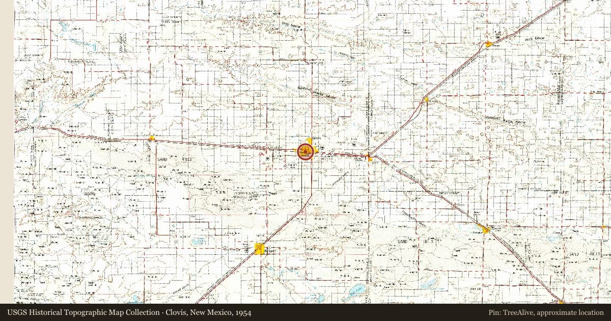 Clovis, New Mexico, 1954, covering the location of Lincoln-Jackson School, with a pin at the marker's coordinates