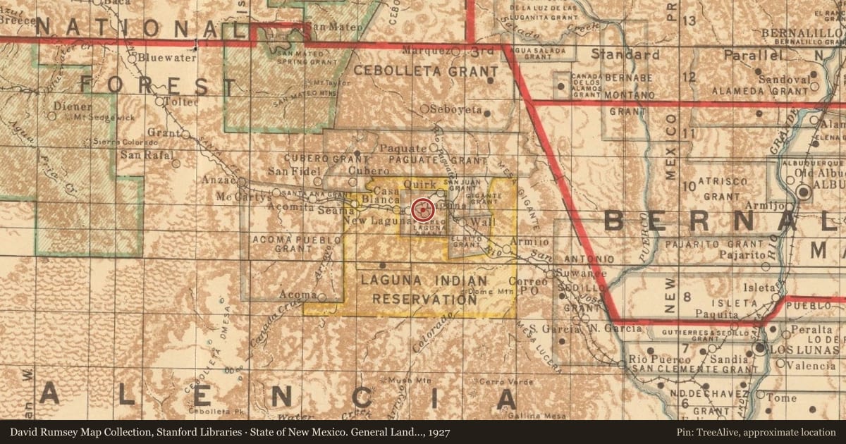 State of New Mexico. General Land Office, 1927, covering the location of San José de la Laguna Mission (2), with a pin at the marker's coordinates