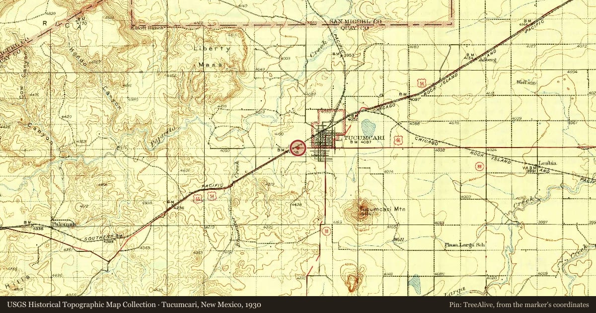 Tucumcari, New Mexico, 1930, covering the location of Yetta Kohn, Matriarch, Cattle Rancher and Business Woman (1843–1917), with a pin at the marker's coordinates