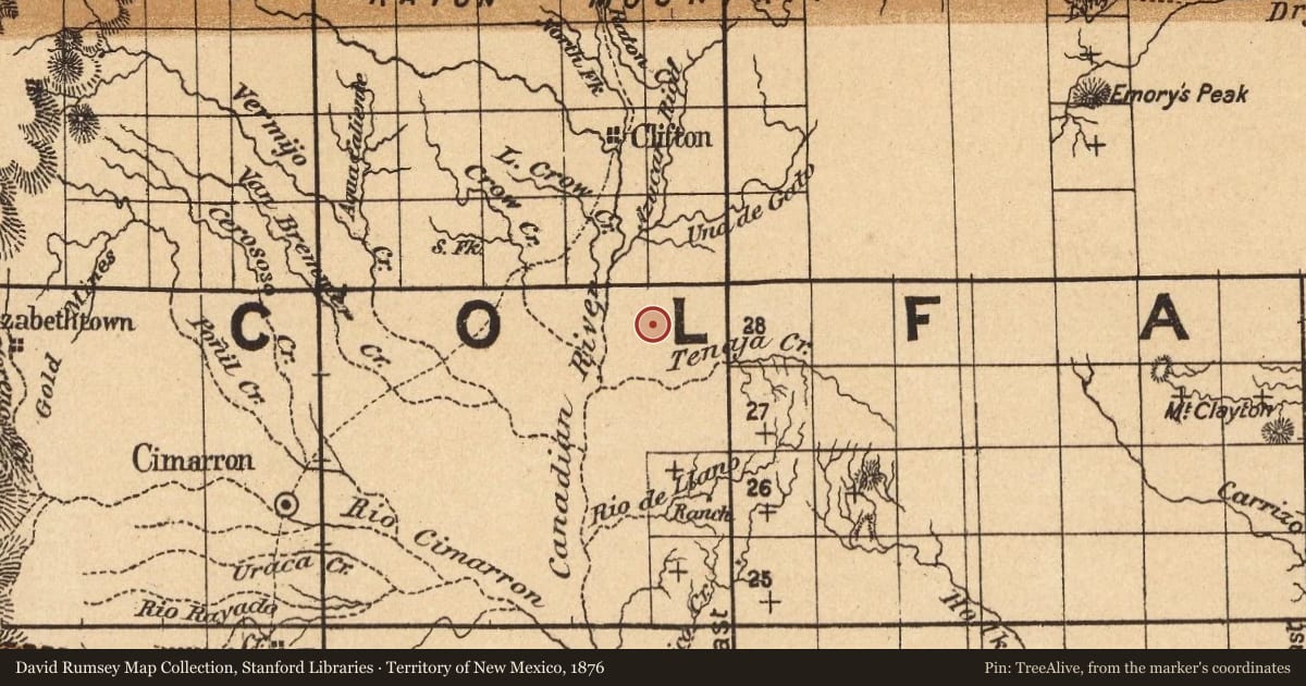 Territory of New Mexico, 1876, covering the location of Women of the Santa Fe Trail, with a pin at the marker's coordinates