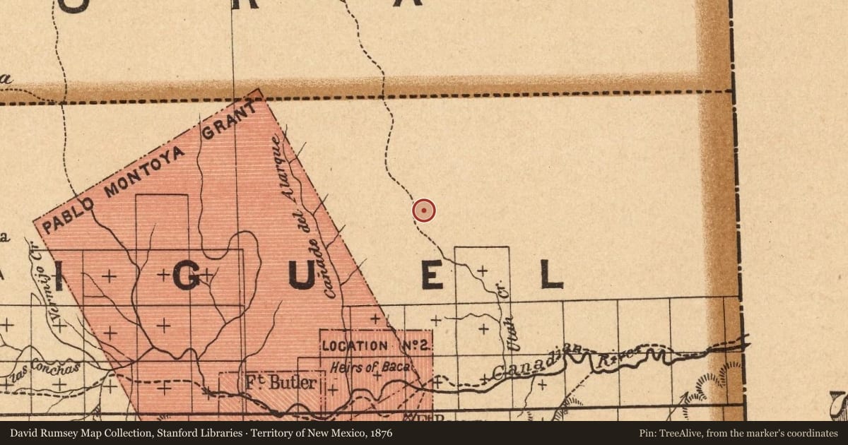 Territory of New Mexico, 1876, covering the location of Monica Fuentes Gallegos (1851–1909) & Carlota Fuentes Gallegos (1857–1936), with a pin at the marker's coordinates