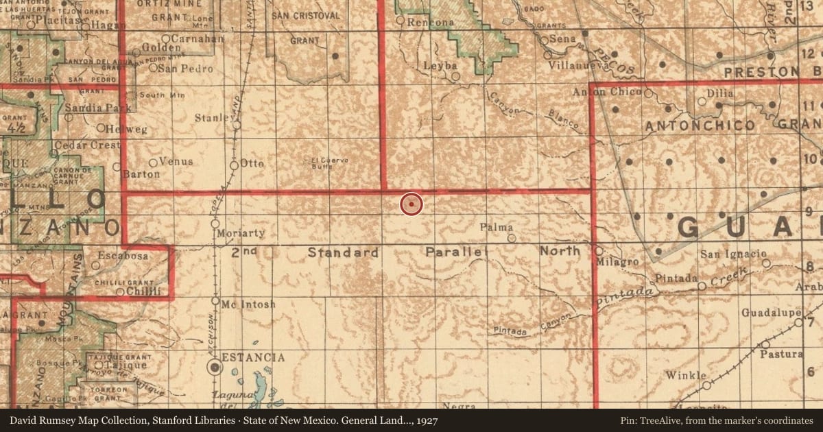 State of New Mexico. General Land Office, 1927, covering the location of María “Concha” Concepción Ortiz y Pino de Kleven (1910–2006), with a pin at the marker's coordinates