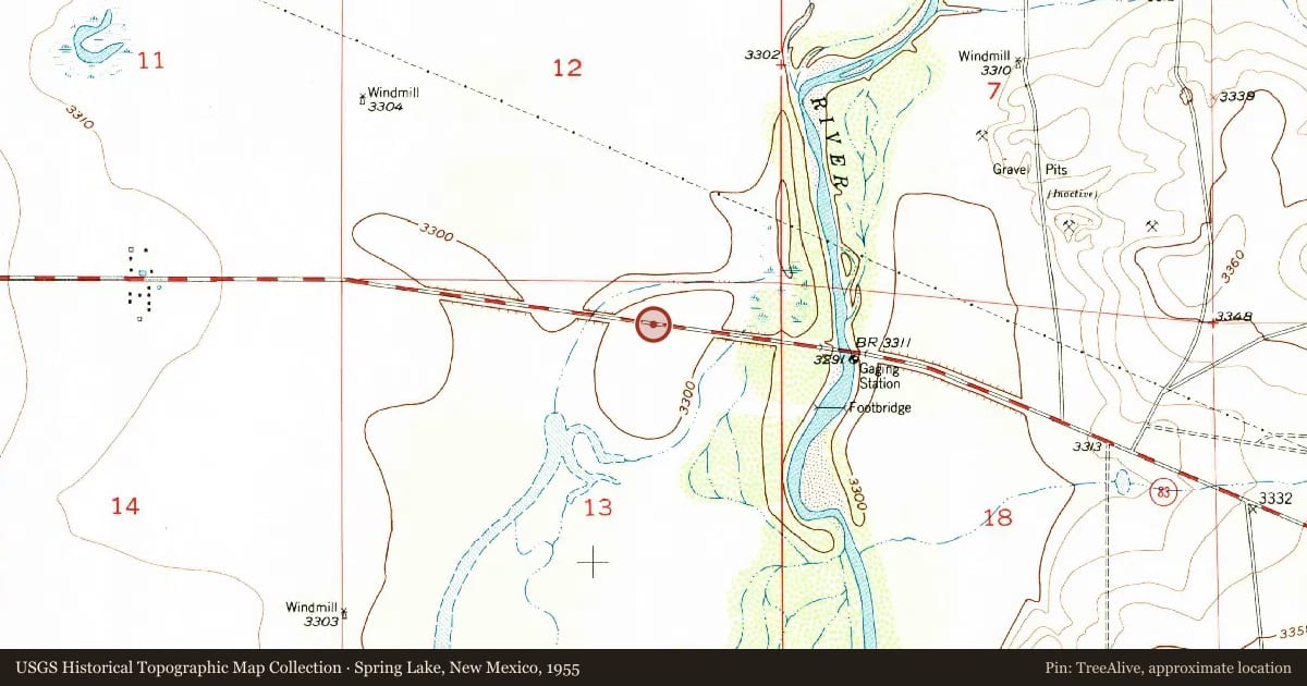 Spring Lake, New Mexico, 1955, covering the location of Sally Chisum Robert "First Lady of Artesia" (1858-1936), with a pin at the marker's coordinates