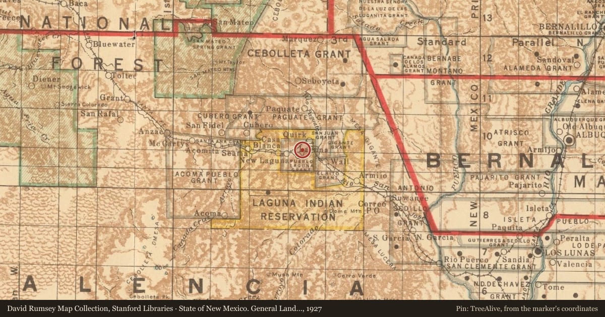 State of New Mexico. General Land Office, 1927, covering the location of Pueblo of Laguna (1), with a pin at the marker's coordinates