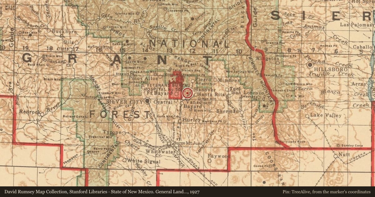 State of New Mexico. General Land Office, 1927, covering the location of Ladies Auxiliary of Local 890, Mine Mill and Smelter, with a pin at the marker's coordinates