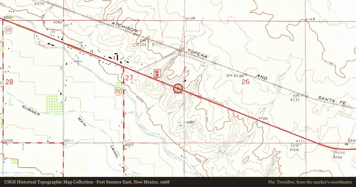 Fort Sumner East, New Mexico, 1968, covering the location of Helene Haack Allen  (1891–1978), with a pin at the marker's coordinates
