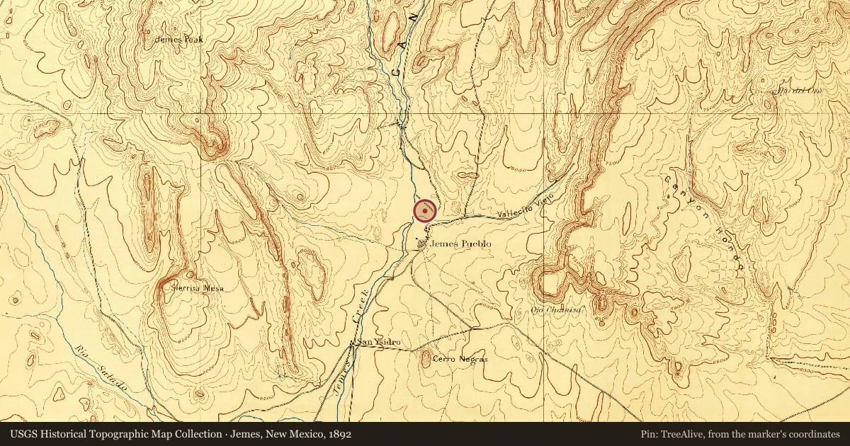 Jemes, New Mexico, 1892, covering the location of Evelyn M. Vigil, Phan-un-pha-kee, "Young Doe" (1921–1995) and Juanita T. Toledo, Pha-wa-luh-luh, "Ring-Cloud Around the Moon" (1914–1999), Jemez Pueblo, with a pin at the marker's coordinates