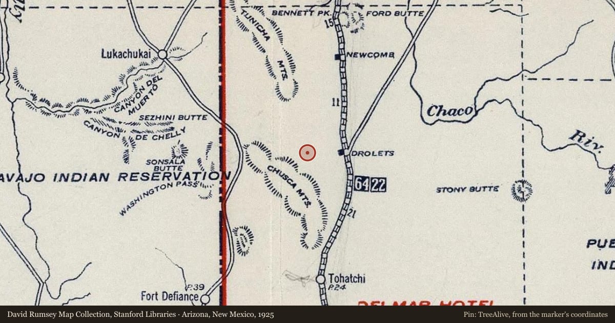 Arizona, New Mexico, 1925, covering the location of Dr. Annie Dodge Wauneka, “Legendary Mother of the Navajo Nation” (1910–1997), with a pin at the marker's coordinates