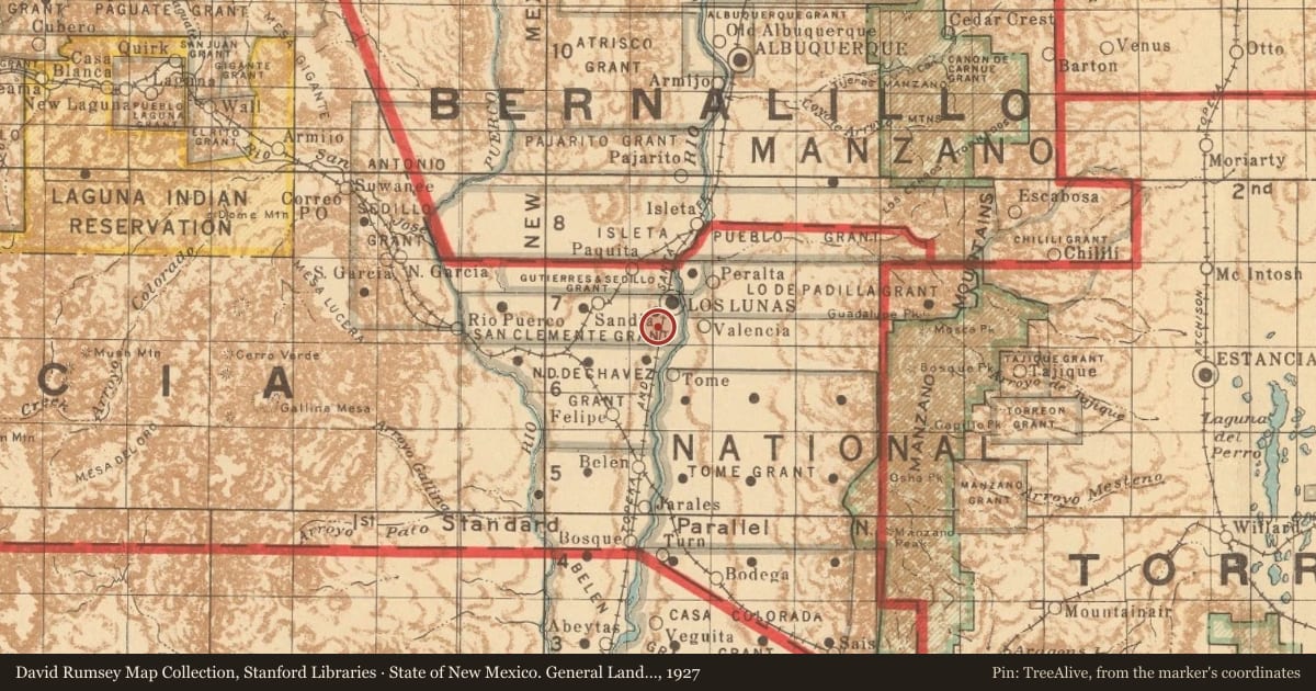 State of New Mexico. General Land Office, 1927, covering the location of Ana de Sandoval y Manzanares (ca. 1650–1734), with a pin at the marker's coordinates