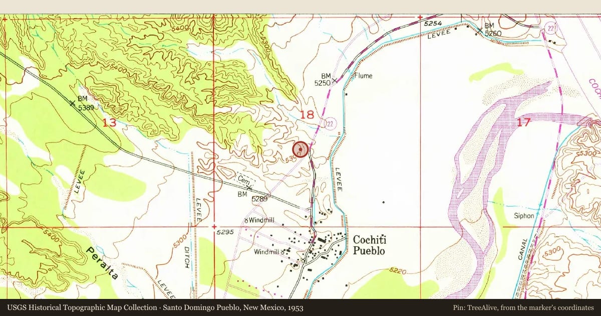 Santo Domingo Pueblo, New Mexico, 1953, covering the location of Women of Cochití, Cochití Pueblo, with a pin at the marker's coordinates