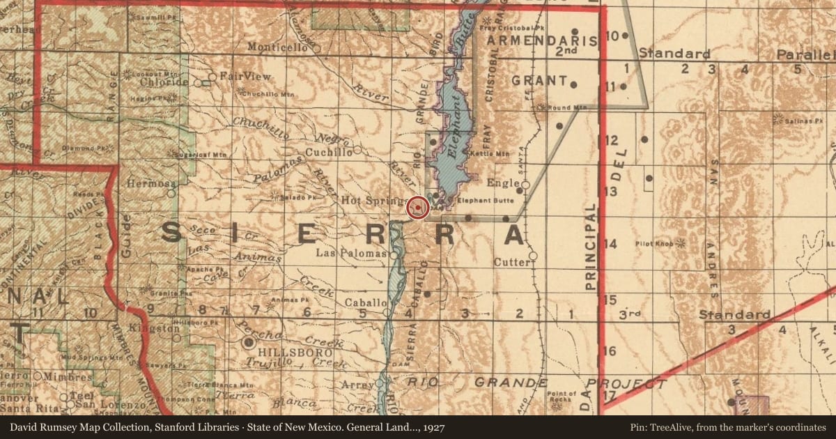 State of New Mexico. General Land Office, 1927, covering the location of Magnolia Ellis, “Magnificent Magnolia” (1893–1974), with a pin at the marker's coordinates