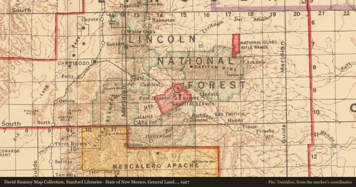 State of New Mexico. General Land Office, 1927, covering the location of Eve Ball (1890–1984), Author and Preservationist, with a pin at the marker's coordinates