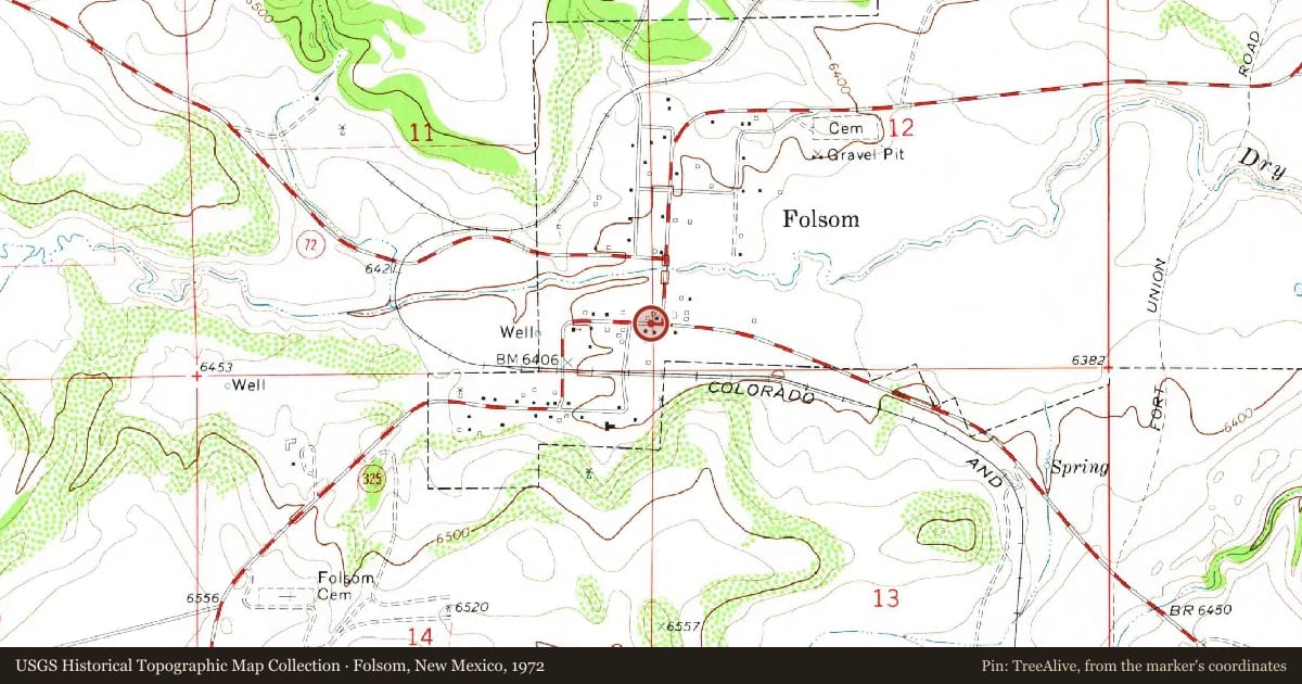 Folsom, New Mexico, 1972, covering the location of Sally Rooke, Heroine of the Dry Cimarron Flood (1843–1908), with a pin at the marker's coordinates